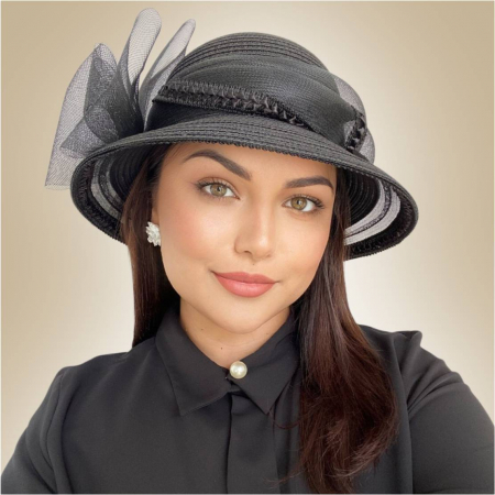 Palarie soare lux cu decor luxuriant din crinolina MISS AMERICA (NEGRU+crinolina pe margine) - marime unica, reglabila [2]