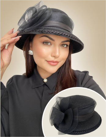 Palarie soare lux cu decor luxuriant din crinolina MISS AMERICA (NEGRU) - marime unica, reglabila [1]