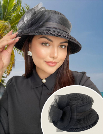 PALARII SOARE - Palarie soare lux cu decor luxuriant din crinolina MISS AMERICA (NEGRU) - marime unica, reglabila