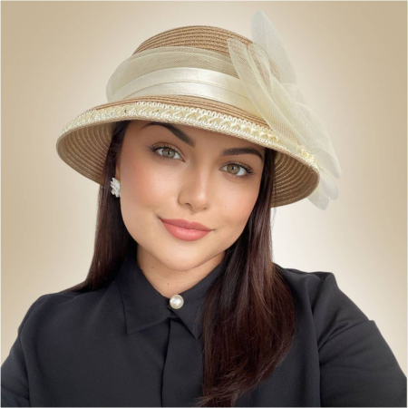 Palarie soare lux cu decor luxuriant din crinolina MISS AMERICA (CREM) - marime unica, reglabila [2]