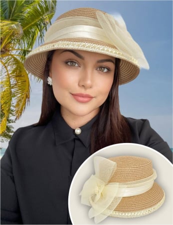 Cele mai vandute - Palarie soare lux cu decor luxuriant din crinolina MISS AMERICA (CREM) - marime unica, reglabila