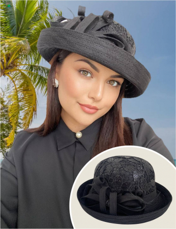 PALARII SOARE - Palarie soare lux din organza si dantela cu decor luxuriant AMERICA CHIC (NEGRU) - marime unica, reglabila