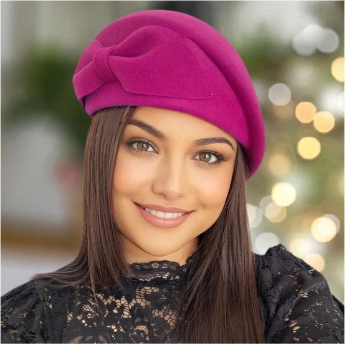 Palarie toca din fetru lux cu funda eleganta PRINCESS LUX (ROZ fucsia) - marime unica, reglabila [1]