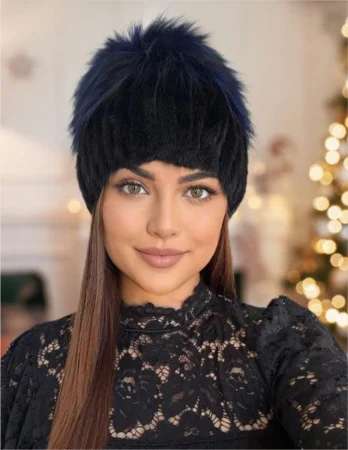 CACIULI BLANA NATURALA - Caciula din blana de sinsila + vulpe Lady Lux Premium (NEGRU+BLEUMARIN) - marime universala