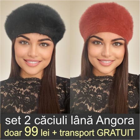 CACIULI ANGORA - Set 2 caciuli din lana de Angora - Princess Duo (NEGRU+CARAMIZIU) - marime universala