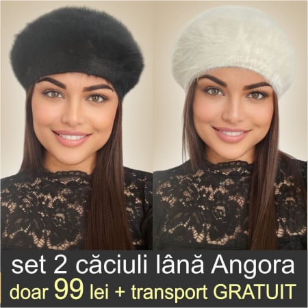 CACIULI ANGORA - Set 2 caciuli din lana de Angora - Princess Duo (NEGRU+CREM) - marime universala