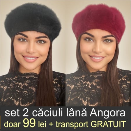 CACIULI ANGORA - Set 2 caciuli din lana de Angora - Princess Duo (NEGRU+GRENA) - marime universala