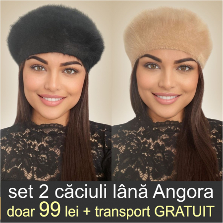 CACIULI ANGORA - Set 2 caciuli din lana de Angora - Princess Duo (NEGRU+MARO cappuccino) - marime universala