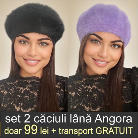 CACIULI ANGORA - Set 2 caciuli din lana de Angora - Princess Duo (NEGRU+MOV deschis) - marime universala