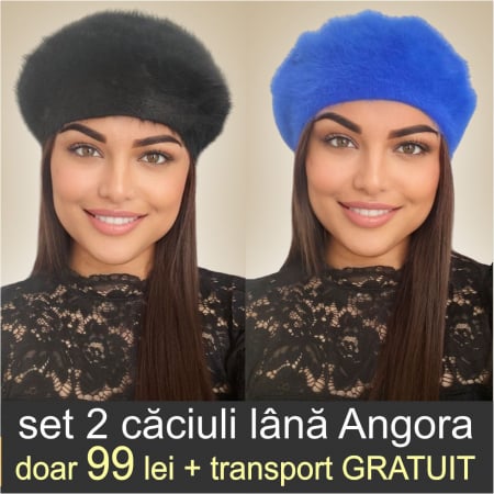 CACIULI ANGORA - Set 2 caciuli din lana de Angora - Princess Duo (NEGRU+ALBASTRU) - marime universala