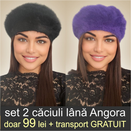 CACIULI ANGORA - Set 2 caciuli din lana de Angora - Princess Duo (NEGRU+MOV inchis) - marime universala