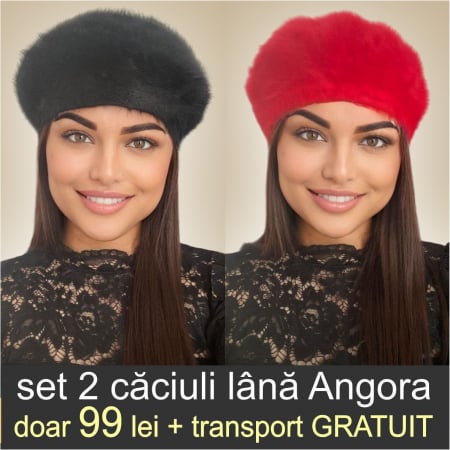 CACIULI ANGORA - Set 2 caciuli din lana de Angora - Princess Duo (NEGRU+ROSU) - marime universala