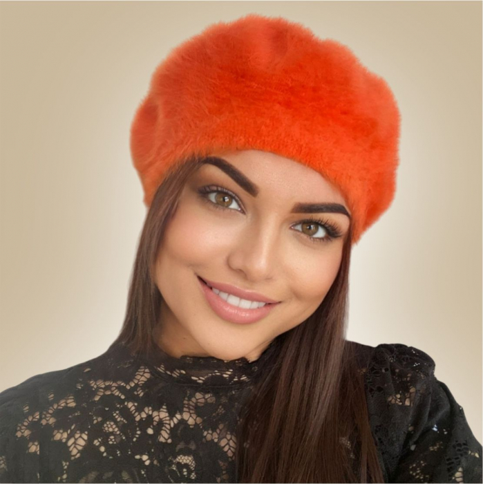 Bereta lux din lana fina si pufoasa de Angora - Princess (PORTOCALIU) - marime universala [2]