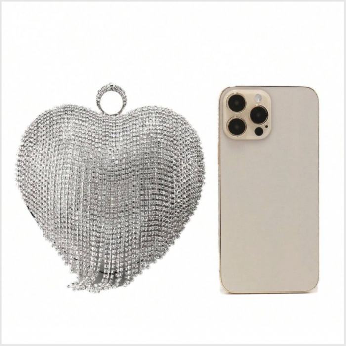 Geanta lux de ocazie tip inima cu strasuri (ARGINTIE) [6]