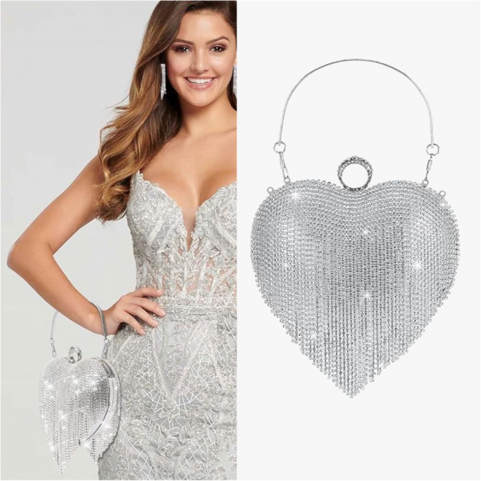 Geanta lux de ocazie tip inima cu strasuri (ARGINTIE) [3]