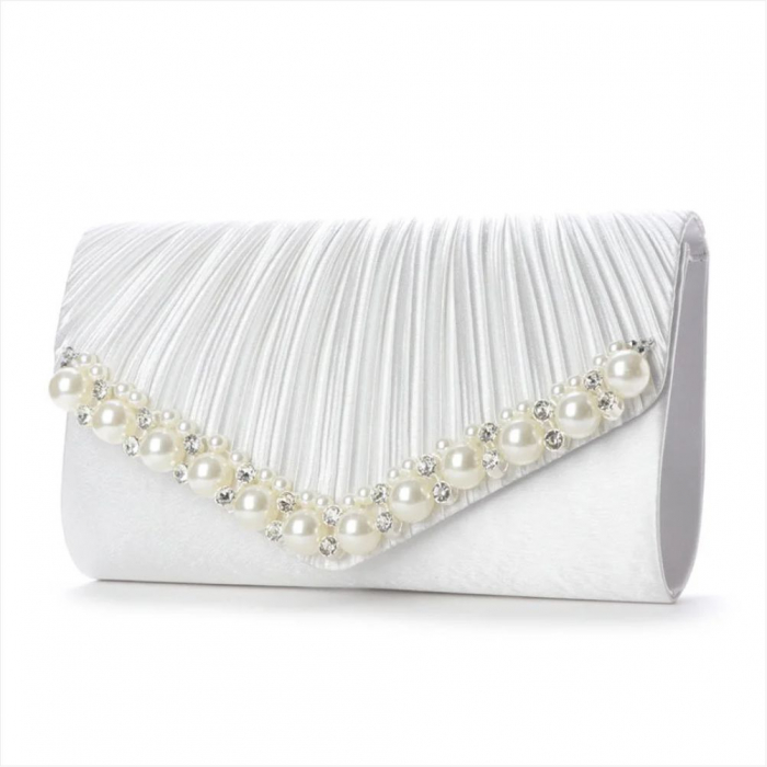 Geanta lux tip plic satinat cu perle si strasuri Lady Chic (ALB sidef) [3]