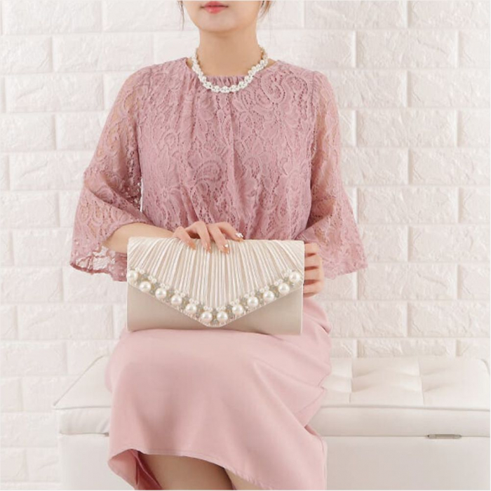 Geanta lux tip plic satinat cu perle si strasuri Lady Chic (BEJ sampanie) [4]