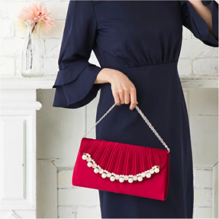 Geanta lux tip plic satinat cu perle si strasuri Lady Chic (ROSU) [4]