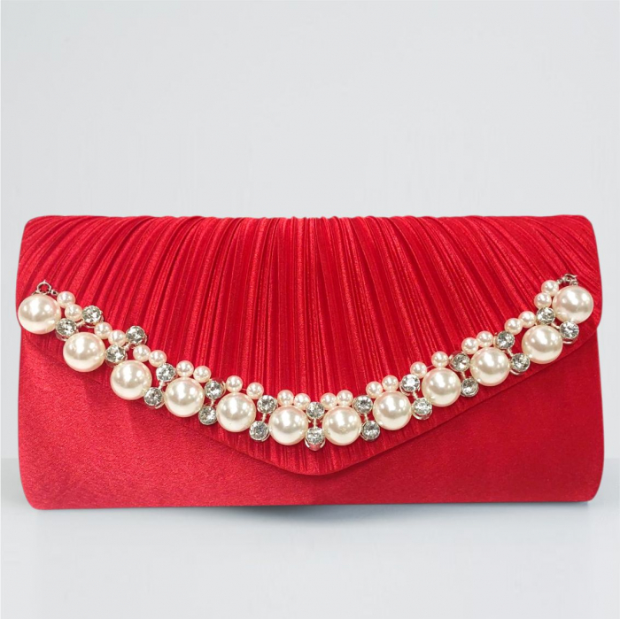 Geanta lux tip plic satinat cu perle si strasuri Lady Chic (ROSU) [2]