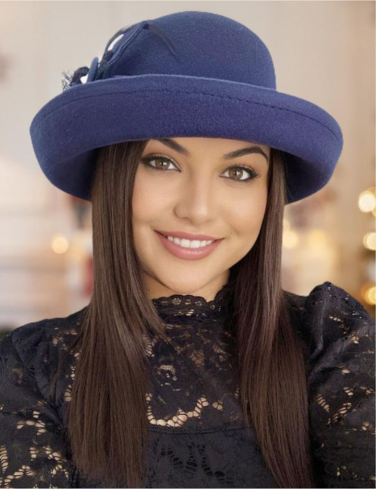 Palarie dama cu boruri elegante si decor luxuriant GLORIOSSA (BLEUMARIN) - marime unica, reglabila [1]
