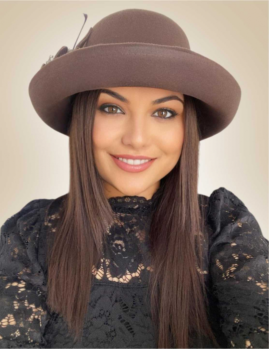 Palarie dama cu boruri elegante si decor luxuriant GLORIOSSA (MARO mahon) - marime unica, reglabila [2]