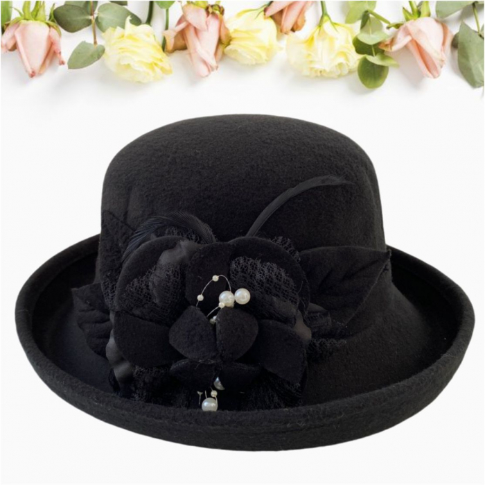 Palarie dama cu boruri mari si elegante si decor luxuriant GLORIOSSA (NEGRU) - marime unica, reglabila [3]