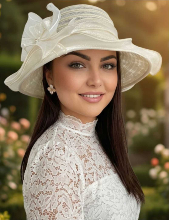 Palarie dama organza cu margini dantelate SPLENDOR crem, reglabila [2]