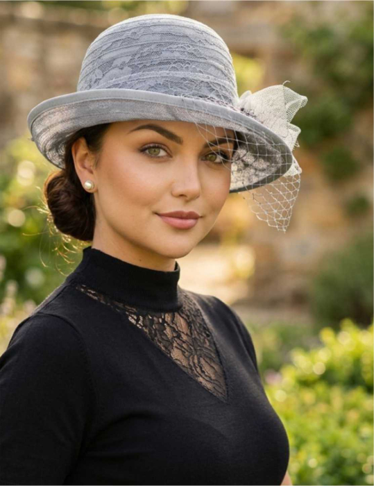 Palarie dama din organza cu voaleta CELESTIA LUX gri, reglabila [2]