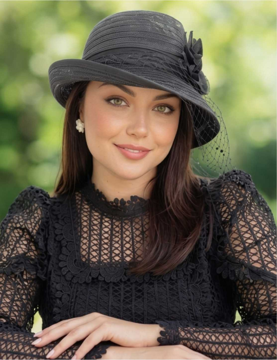 Palarie dama din organza cu voaleta CELESTIA LUX negru, reglabila [2]