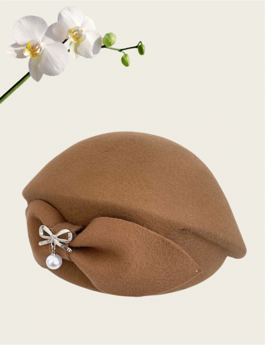 Palarie dama tip toca din fetru lux cu funda PRINCESS LADY (MARO cappuccino) - marime unica, reglabila [4]