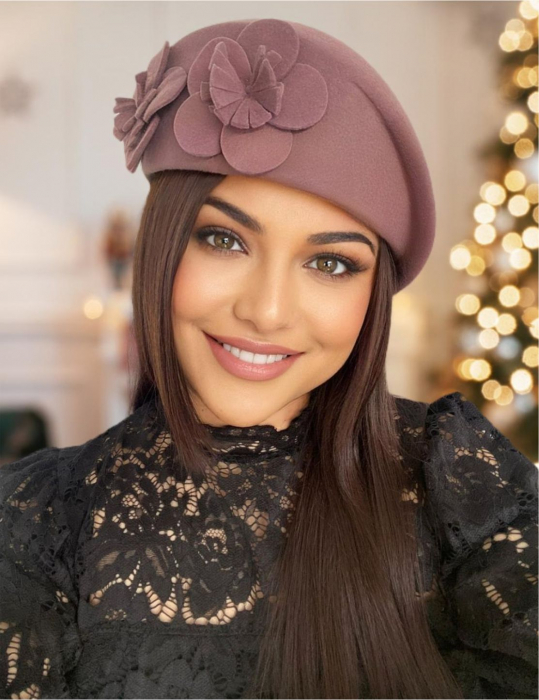 Palarie de dama din fetru lux tip toca REGINA LUX (ROZ pudra) - marime unica, reglabila [1]
