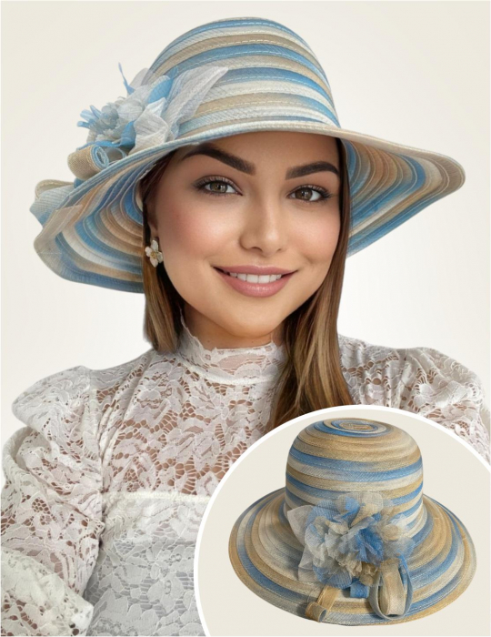 Palarie de soare de lux din organza satinata VENETIA CHIC (ALBASTRU+CREM) - marime unica, reglabila [1]