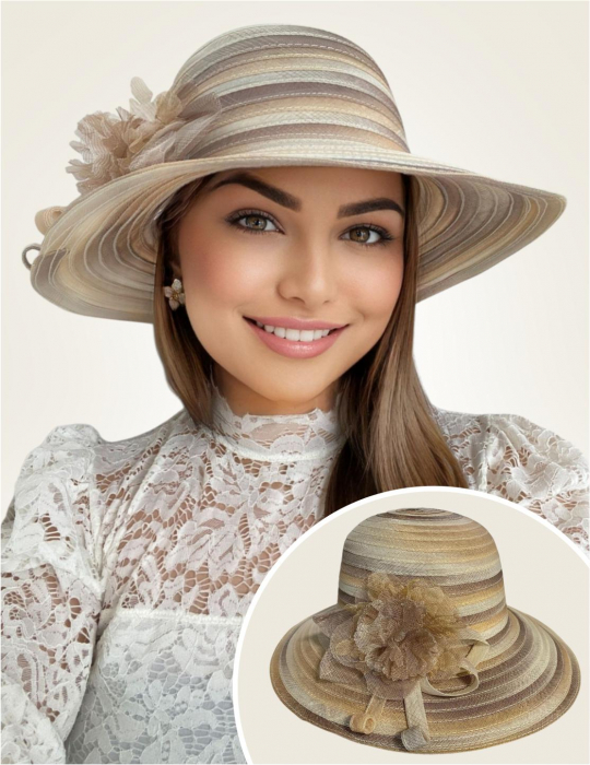 Palarie de soare de lux din organza satinata VENETIA CHIC (CREM+ARAMIU) - marime unica, reglabila [1]