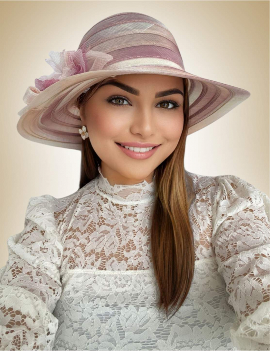 Palarie de soare de lux din organza satinata VENETIA CHIC (ROZE+CREM) - marime unica, reglabila [2]