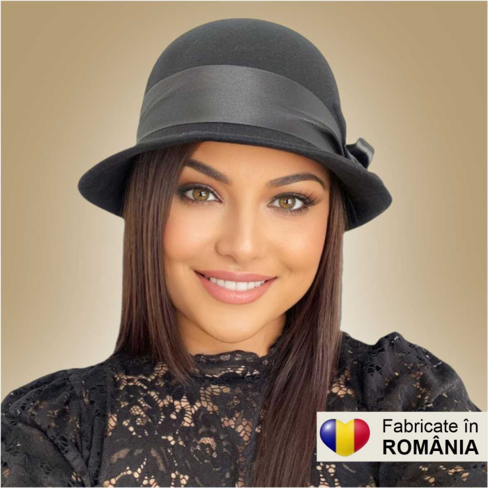 Palarie din fetru lux cu panglica din satin NOBLESS  (NEGRU) - marime unica, reglabila [3]