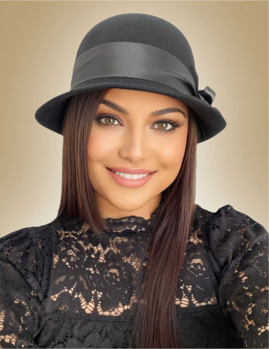 Palarie din fetru lux cu panglica din satin NOBLESS  (NEGRU) - marime unica, reglabila [2]