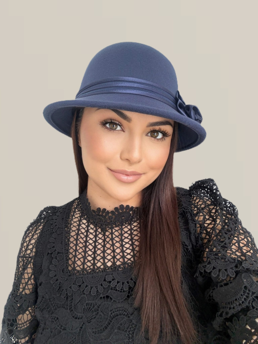 Palarie eleganta cu boruri delicate si decor din satin VALERY (BLEUMARIN) - marime unica, reglabila [3]