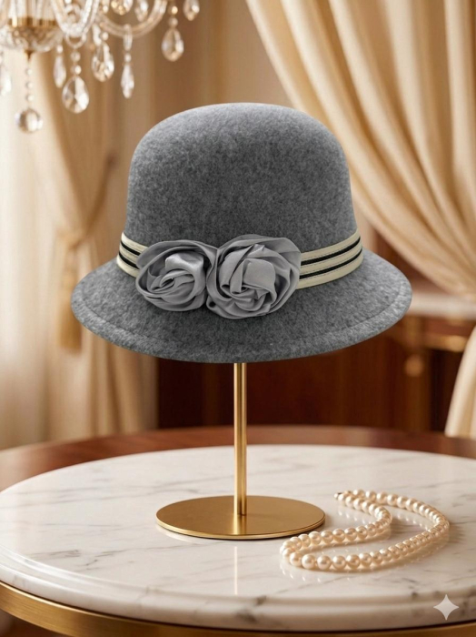 Palarie eleganta cu boruri delicate si decor din satin VALERY (GRI) - marime unica, reglabila [5]