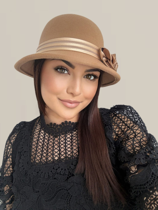 Palarie eleganta cu boruri delicate si decor din satin VALERY (MARO cappuccino) - marime unica, reglabila [3]