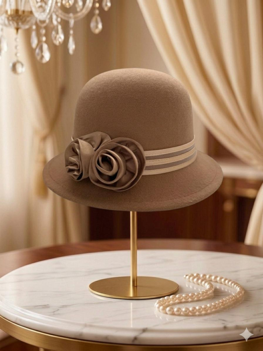 Palarie eleganta cu boruri delicate si decor din satin VALERY (MARO cappuccino) - marime unica, reglabila [5]