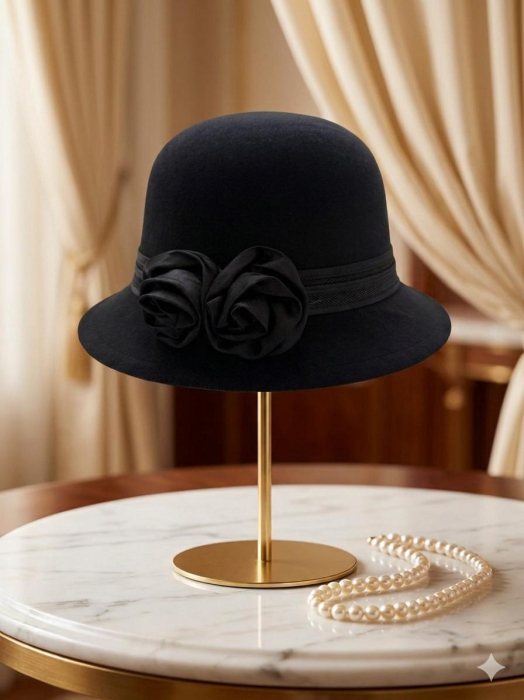 Palarie eleganta cu boruri delicate si decor din satin VALERY (NEGRU) - marime unica, reglabila [5]