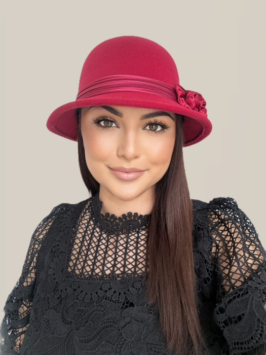 Palarie eleganta cu boruri delicate si decor din satin VALERY (ROSU trandafiriu) - marime unica, reglabila [4]