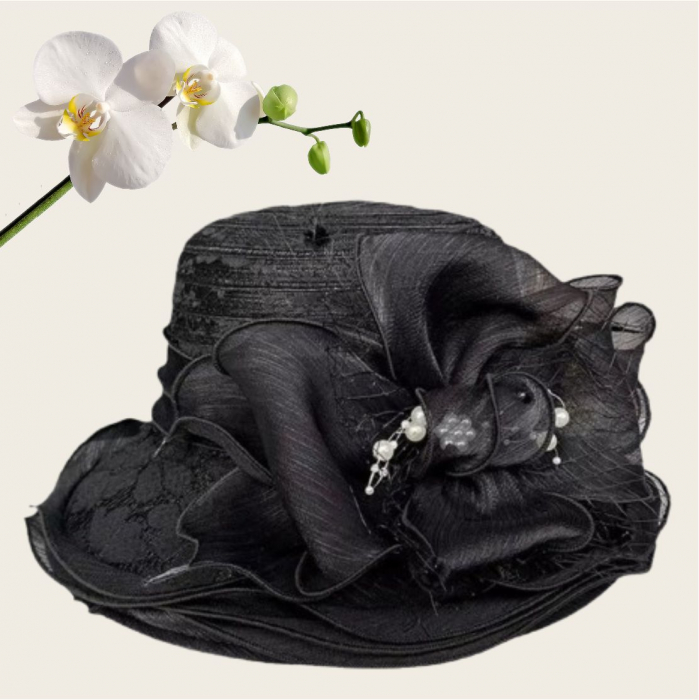 Palarie dama organza cu margini dantelate SPLENDOR neagru, reglabila [4]