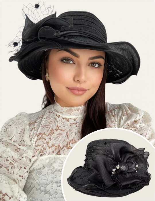 Palarie dama organza cu margini dantelate SPLENDOR neagru, reglabila [3]