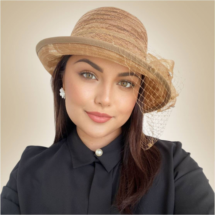 Palarie dama din organza cu voaleta CELESTIA LUX maro, reglabila [3]