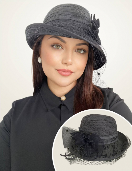 Palarie dama din organza cu voaleta CELESTIA LUX negru, reglabila [2]