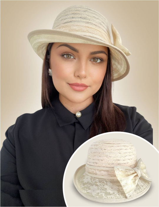 Palarie dama din organza dantelata cu flori ANTONIA LUX-palarie crem, reglabila [3]