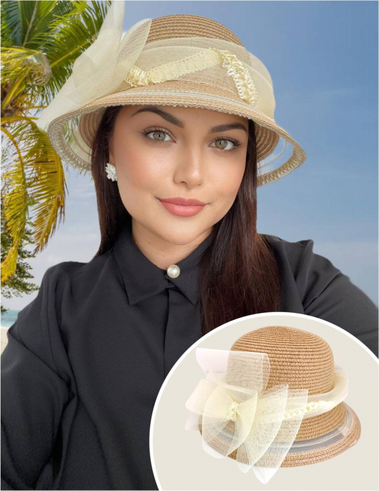 Palarie dama din crinolina  pe margine MISS AMERICA-palarie crem, reglabila [2]