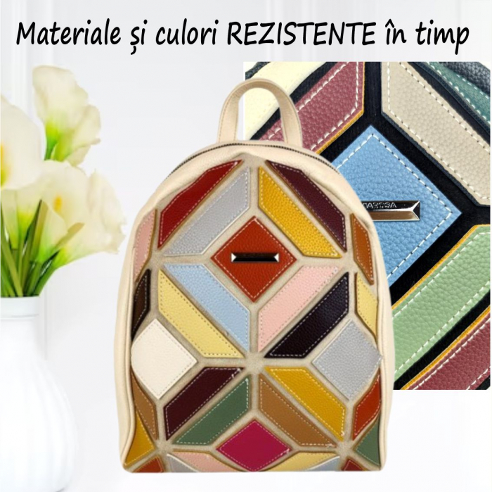 Rucsac elegant de dama Silvia Chic (MULTICOLOR cu fond CREM) [4]