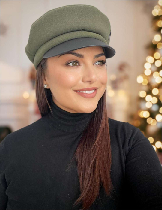 Sapca eleganta din stofa lux cu cozoroc negru din piele (KAKI) - marime UNIVERSALA [2]